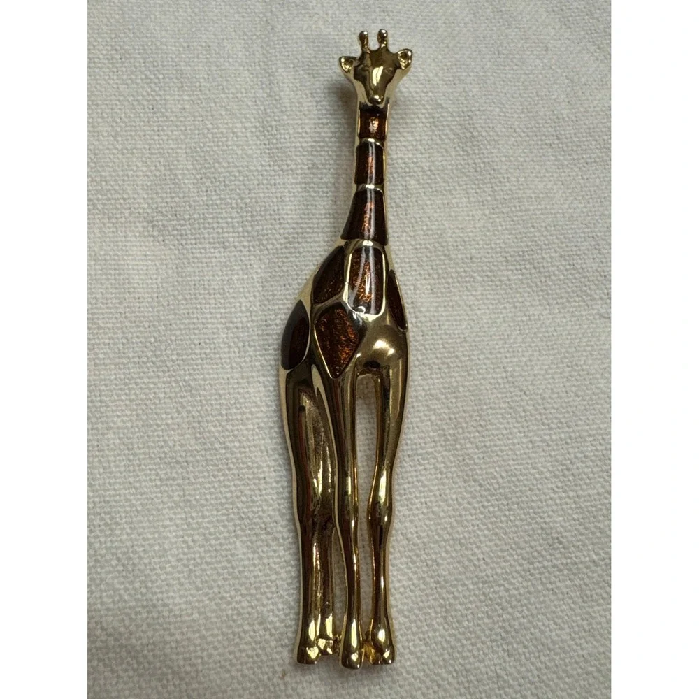 Vintage Liz Claiborne Gold Tone Giraffe Brooch Brown‎ Enamel Animal Pin Safari